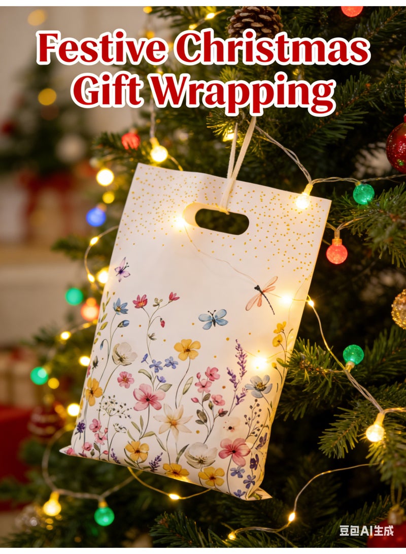 ميتوي 50 قطعة الزهور البرية موضوع البلاستيك حقائب للهدايا مع ورقة و زهرة تصميم-لكمة ثقب مقبض ، مثالية لعيد الأم ، حفلات الزفاف ، أعياد الميلاد - Image 3